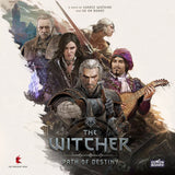 Four Witcher characters, including a white-haired swordsman, stand above a cityscape. Text: The Witcher: Path of Destiny Deluxe Edition, a new tableau-building game by Go On Board. Brand logo is shown.