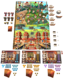 Tianxia by Board & Dice is a colorful strategy board game for up to four players, inspired by the Warring States period, featuring an illustrated central board, player mats, wooden pieces, tokens, and unique resources for each player.