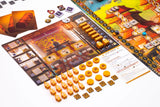 Tianxia by Board & Dice is a vibrant strategy board game set in the Warring States period, featuring illustrated boards, cards, tokens, and orange wooden pieces with detailed Asian-inspired artwork.