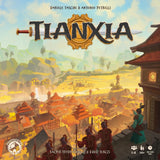 Board game cover for Tianxia by Board & Dice, a strategy game set in the Warring States era, featuring an ancient Chinese city with ornate rooftops, soldiers on the Great Wall, mountains, and a golden sky. Game details appear at the bottom.