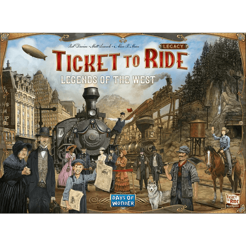 The Days of Wonder Ticket to Ride Legacy: Legends of the West box cover shows a steam train, diverse characters in period attire, a dog, a horse, and a Western landscape with bridges and mountains.