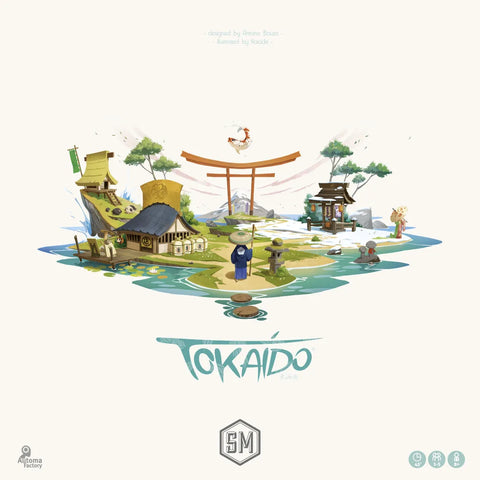 A vibrant illustrated landscape with Japanese-style buildings, a red torii gate, and small figures walking winding paths. "Tokaido" appears below in a stylized font, with logos and credits in the corners.
