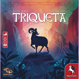 The Triqueta box art from Pegasus Spiele shows a goat silhouette with curved horns on a rock amid foliage and a mystical, colorful background—perfectly reflecting this family animal token collecting game.