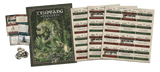 The Cool Mini Or Not Trudvang Legends Darkwoods Expansion includes the Book of Sagas and Rules, reference sheets, character cards, and tokens—all inspired by the mystical Darkwoods forest—arranged neatly on a white surface.