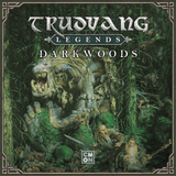 The box cover of Cool Mini Or Not’s Trudvang Legends Darkwoods Expansion features heroes confronting a giant beast in a shadowy forest, with the title crowning epic artwork that promises adventure and danger.
