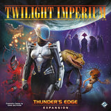 A futuristic armored humanoid stands among aliens with spaceships and glowing planets behind. Text: Twilight Imperium: Fourth Edition Thunder's Edge Expansion by Fantasy Flight Games—an epic new board game expansion.