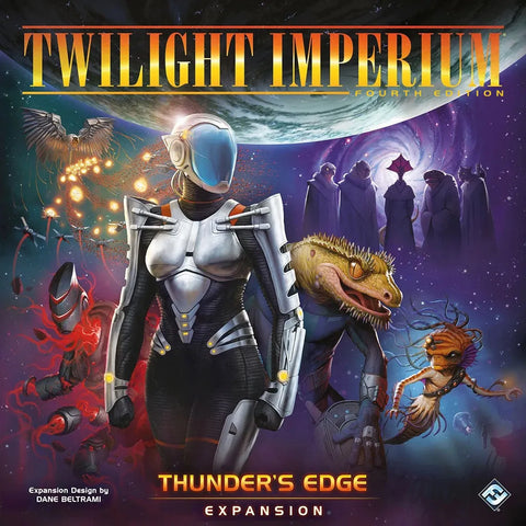 A futuristic armored humanoid stands among aliens with spaceships and glowing planets behind. Text: Twilight Imperium: Fourth Edition Thunder's Edge Expansion by Fantasy Flight Games—an epic new board game expansion.