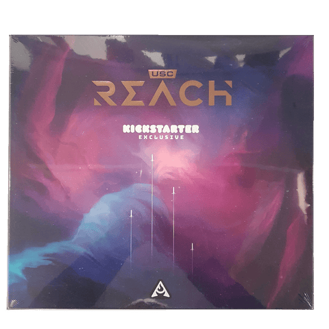 A board game box titled "USC: Reach Galactic Edition" by Arvis Games with "Kickstarter Exclusive" below. The cover features a colorful, abstract cosmic design in swirling purples, pinks, and blues—ideal for fans of space board games.