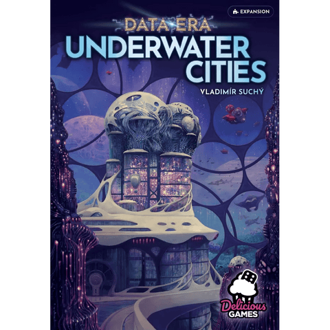 Cover art for Underwater Cities: Data Era Expansion (Delicious Games) shows domed underwater structures, glowing data discs lighting the cityscape, and the Delicious Games logo.