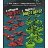 Unmatched Adventures: Tales to Amaze Martian and Doom Deluxe Tokens by Restoration Games includes 8 red plastic doom moths and 8 green martians, shown on a textured background with labels “8 DOOOOOOM MOTHS!” and “8 LITTLE GREEN MARTIANS!”.