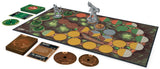 A game setup for Unmatched: Robin Hood vs. Bigfoot (Iello) by Iello features a forest board with colored spaces, two detailed miniatures, cards, and tokens for Robin Hood and Bigfoot—everything arranged for an epic miniature battle.