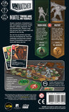 Back of the Unmatched: Robin Hood vs. Bigfoot (Iello) box displays miniatures, character cards, gameplay features, content details, age rating, and thrilling face-offs—highlighting this Iello miniature fighting game's legendary battles.