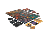 Unmatched: The Witcher – Realms Fall by Iello features a vibrant game board, various cards, round tokens, yellow and black decks, and six detailed character miniatures—ideal for fans of asymmetrical miniature fighting games.