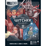 The box cover for Unmatched: The Witcher – Realms Fall by Iello shows illustrated characters—a fiery woman, armored skeleton, owl on a woman's shoulder, and a spellcaster—against a mystical dark backdrop.