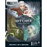 Box art for Unmatched: The Witcher – Steel and Silver from Iello, showing Geralt casting a spell, Ciri ready for battle, and the Leshen creature, with character stats and game info displayed at the bottom.