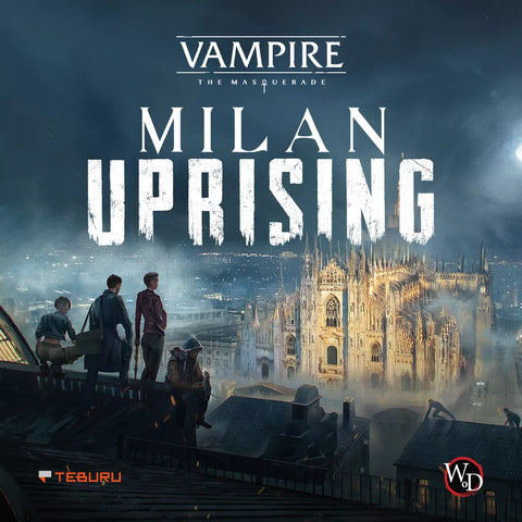 Four people stand on a rooftop at night, gazing at the glowing Milan Cathedral. Text reads “Vampire: The Masquerade – Milan Uprising” by Pegasus Spiele, a cooperative miniature board game set in a gothic, atmospheric Milan.