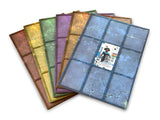 The Stonemaier Games Vantage Dual-layered Cardboard Player Mat Pack includes five textured, rectangular mats in brown, yellow, green, purple, and blue. The blue mat displays a character card in its center slot.