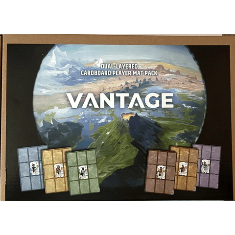 Stonemaier Games' Vantage Dual-layered Cardboard Player Mat Pack features a scenic landscape within a circle on the box and displays five vibrant dual-layered playmats at the bottom.