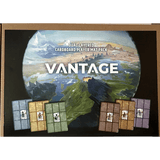 The Vantage Bundle by Stonemaier Games features a board game box with a mountain and forest landscape, plus four dual-layered cardboard player mats—an ideal pick for fans of this cooperative tabletop adventure.