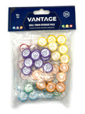 The Vantage Wooden Skill Tokens by Stonemaier Games include 60 colorful wooden tokens with unique symbols, ideal for the Vantage game. Suitable for up to 6 players and ages 14+, all in a sealed plastic pack.