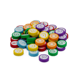 A pile of colorful red, blue, green, yellow, orange, and purple tokens from the Vantage Bundle by Stonemaier Games displays icons like arrows, spirals, power symbols, and clocks against a white background.