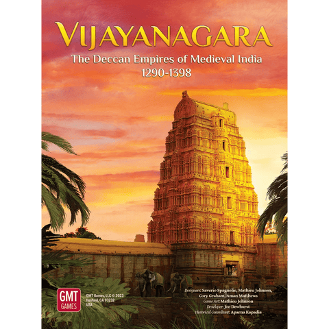 Vijayanagara: The Deccan Empires of Medieval India, 1290-1398 by GMT Games features vibrant cover art with a golden temple tower at sunset, palm trees, and the GMT Games logo, as part of the Irregular Conflicts Series.