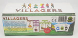 Back of the Villagers (Including Kickstarter Expansion) box by Sinister Fish Games showing illustrated villagers, sample cards, game details, and contents for this 1-5 player post-plague strategy card game with tokens and coins.