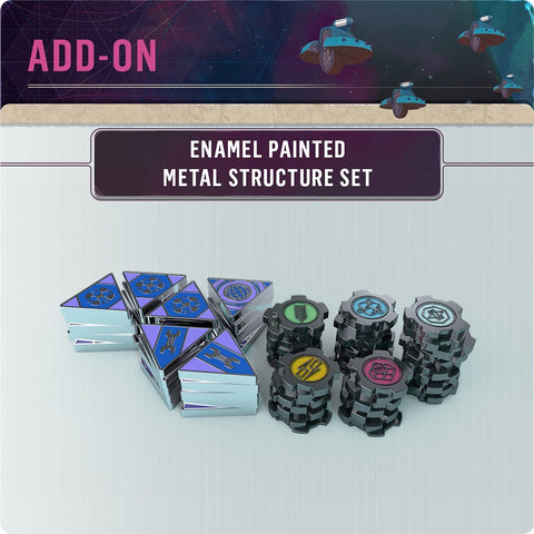 The Voidfall Enamel Painted Metal Structure Set by Mindclash Games features triangular and circular enamel-painted metal tokens with colored symbols for your Space 4X game. Shown on a light surface. The text reads: ADD-ON: Enamel Painted Metal Structure Set.