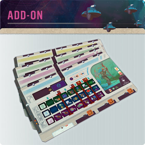 The Mindclash Games Voidfall Triple-Layered House Boards add-on features a colorful, futuristic design with tracks, tokens, icons, and central artwork for enhanced gameplay in the space 4X board game.