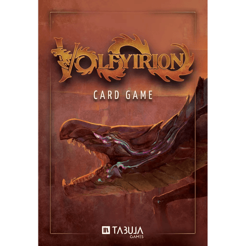 Cover of Volfyirion, a deck-building card game by Tabula Games, showcases the stylized title and a fierce dragon head with glowing accents on a reddish-brown background. Designed for two players.
