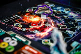 A close-up of Wandering Galaxy: A Crossroads Game by Plaid Hat Games, showing a cardboard spaceship on a vibrant, galaxy-themed board with colorful paths, tokens, and cards.
