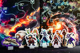 Colorful cardboard character standees and a spaceship are set before the vibrant Wandering Galaxy: A Crossroads Game map by Plaid Hat Games, displaying planets, stars, and connecting pathways in the background.