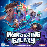 Four animated space heroes stand before a futuristic ship and distant planets. The title "Wandering Galaxy: A Crossroads Game" from Plaid Hat Games is boldly displayed, promising an exciting space board game adventure.