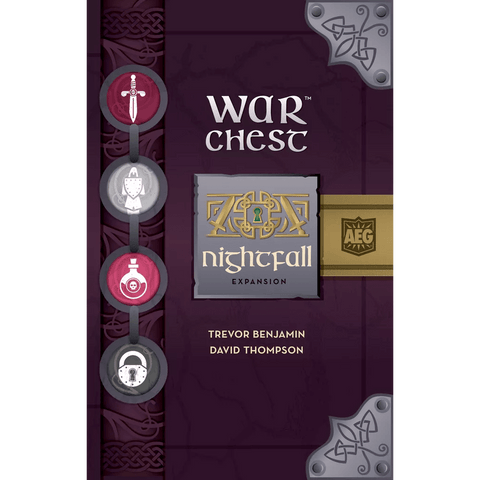 The War Chest: Nightfall Expansion by Alderac Entertainment Group features a purple cover with Celtic knot designs and game piece icons on the left, inviting players to explore new subterfuge tactics in this strategy game expansion.