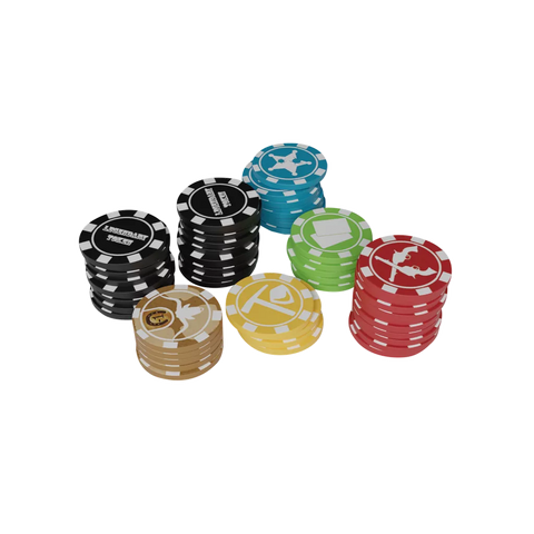 Kolossal Games’ Western Legends: The Chips That Didn’t Fall features stacks of poker chips and Legendary tokens in black, blue, green, red, yellow, and tan with unique Ante Up-inspired markings arranged on a white background.