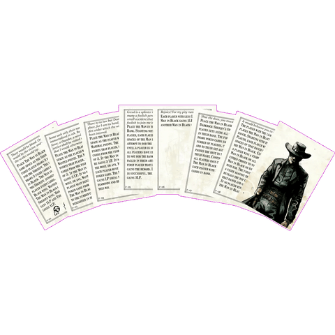 Seven cards from Kolossal Games' Western Legends: The Man In Black – Multiplayer Variant Promo Cards are fanned out. The rightmost card shows the Man In Black in western attire; the others are rules reference cards.