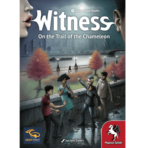 Four people stand in a park near a river, talking urgently while one whispers to another. Autumn trees and city buildings line the background. At the top is Witness: On the Trail of the Chameleon by Pegasus Spiele, a cooperative campaign mystery board game.