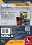 Back of board game box for Witness: On the Trail of the Chameleon by Pegasus Spiele. Includes game info, contents, synopsis, company details, safety warnings, barcodes, QR code, and vibrant graphics. Join the Witness Agency to solve thrilling mysteries!.