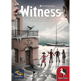 The cover of Pegasus Spiele's Witness: The Sigma Club shows four people in winter attire on snowy ground near a building, with mountains and a frozen lake behind them, while a raven looks down from the balcony railing above.