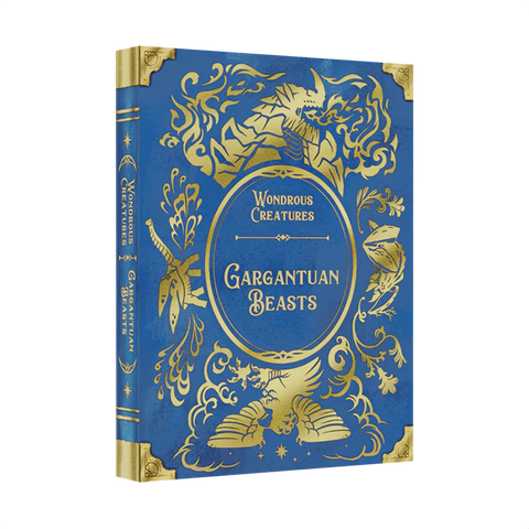 The Bad Comet Wondrous Creatures: Gargantuan Beasts Expansion showcases a blue and gold illustrated cover with ornate designs and mythical beasts, inviting players to uncover powerful rewards in this captivating game expansion.