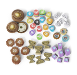 The Wondrous Creatures: Upgraded Components Expansion by Bad Comet features colorful game pieces, including animal-shaped tokens, wooden discs, purple houses, gold trophies, and more—all displayed on a white background.