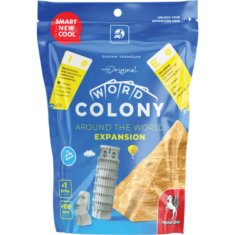 A blue package of Word Colony: Around the World Expansion by Pegasus Spiele, featuring the Leaning Tower of Pisa, a statue, and a wafer snack. The box spotlights extra new cards and the Pegasus Spiele logo for word game fans.