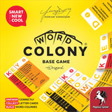 Square image of the Word Colony Bundle board game box by Pegasus Spiele, with title and cards shown featuring phrases like “Smart is the new cool” and “Answer, Collect, Build,” highlighting this fun trivia word game.