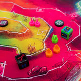 Wroth: All Gameplay by Chip Theory Games features colorful pieces, dice, and tokens on a vibrant area control board with asymmetric powers. The illustrated board pops with pink, yellow, green sections, white borders, and detailed terrain.
