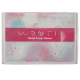 A box of Wroth: Metal Troop Tokens by Chip Theory Games features a pink and white design with a central pink band and pastel blue and pink splashes, ideal for representing game factions.
