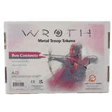 The Wroth: Metal Troop Tokens box from Chip Theory Games features an armored archer drawing a bow, lists contents and safety info, and spotlights the tokens’ strategic value for Wroth factions. The Chip Theory Games logo appears at the bottom right.
