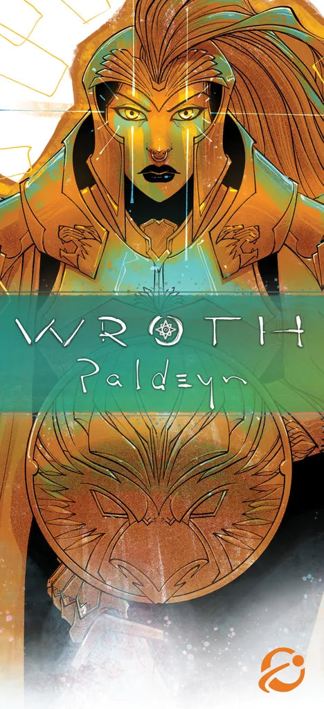 A stylized, armored character with glowing yellow eyes and a lion shield stands under the text "Wroth Paldeyn" on a green banner, representing the asymmetric abilities in Chip Theory Games' Wroth: All Gameplay.
