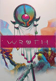 A vibrant fantasy illustration for Chip Theory Games’ “Wroth: All Gameplay” depicts a grand staff with a gem and WROTH banner, while two armored warriors, each uniquely skilled, duel—capturing the excitement of this area control board game.