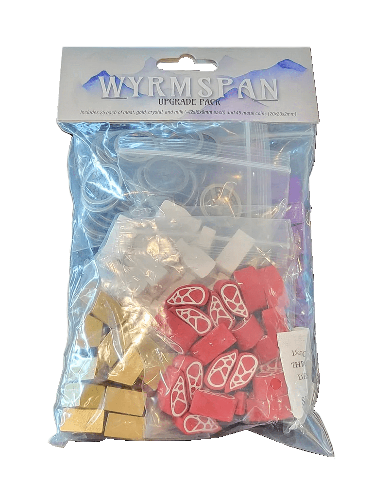 The Wyrmspan and Upgrade Pack Bundle by Stonemaier Games includes gold cubes, red dragon wing tokens, small plastic containers, and clear rings—perfect accessories for the Wyrmspan board game.