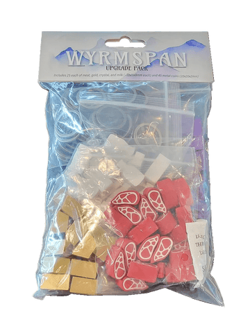 The Wyrmspan and Upgrade Pack Bundle by Stonemaier Games includes gold cubes, red dragon wing tokens, small plastic containers, and clear rings—perfect accessories for the Wyrmspan board game.